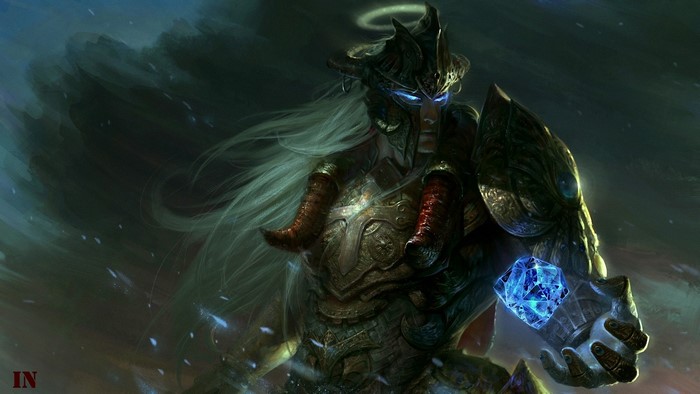 Warrior in ornate armor holding a glowing blue crystal