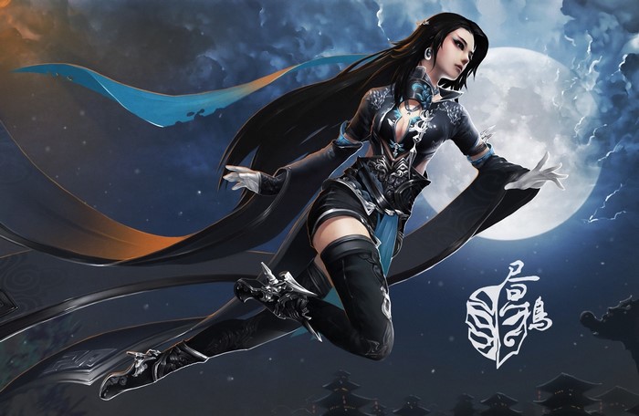 Warrior from JX Online jumping under the moon