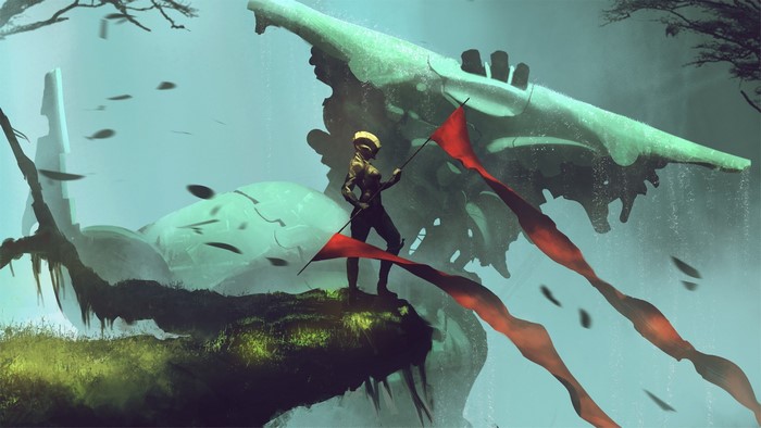 Warrior with red flags near giant alien structure