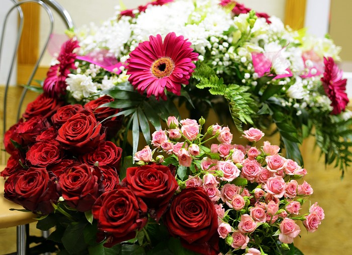 Bouquets of Red Roses, Pink Roses, and Gerberas