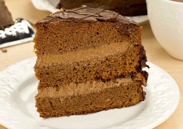 Slice of chocolate cake with cream filling