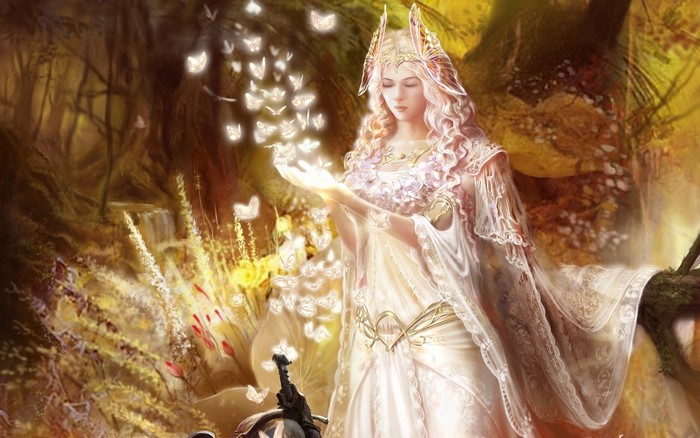 Fantasy woman with glowing butterflies in a forest