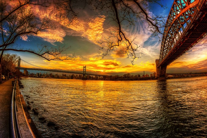 Astoria Park Bridges Over River at Sunset, New York City