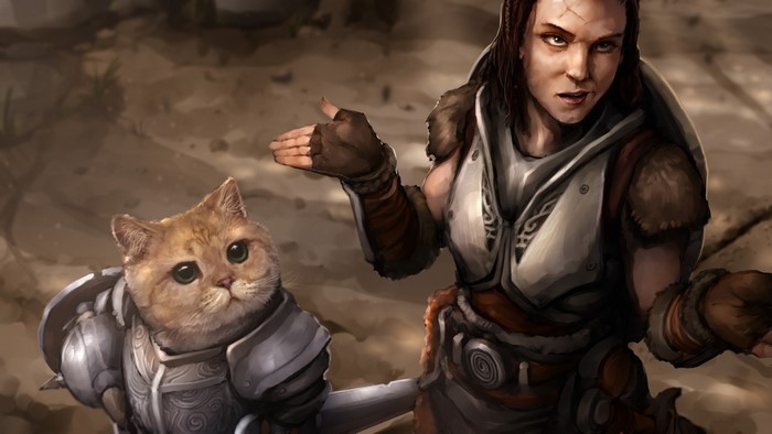 Warrior woman and armored cat in a desolate landscape