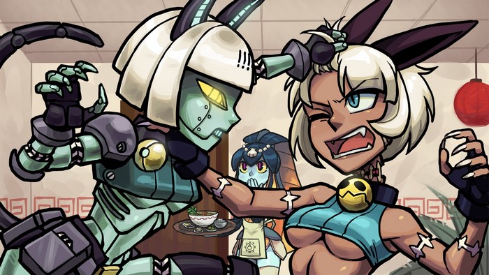 Robo-Fortune and Ms. Fortune fighting, Filia in background