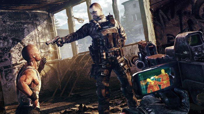Soldiers aiming pistols in a ruined building