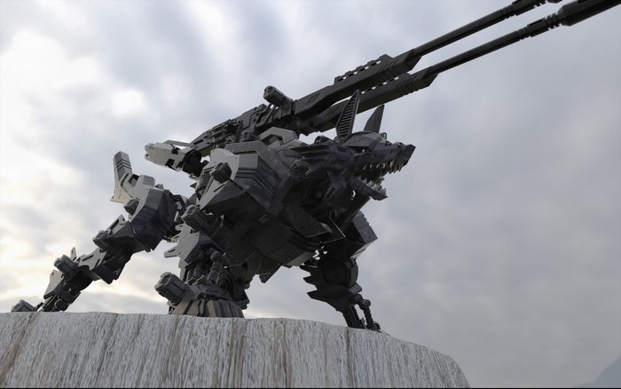 Mechanical wolf with cannons on a cliff