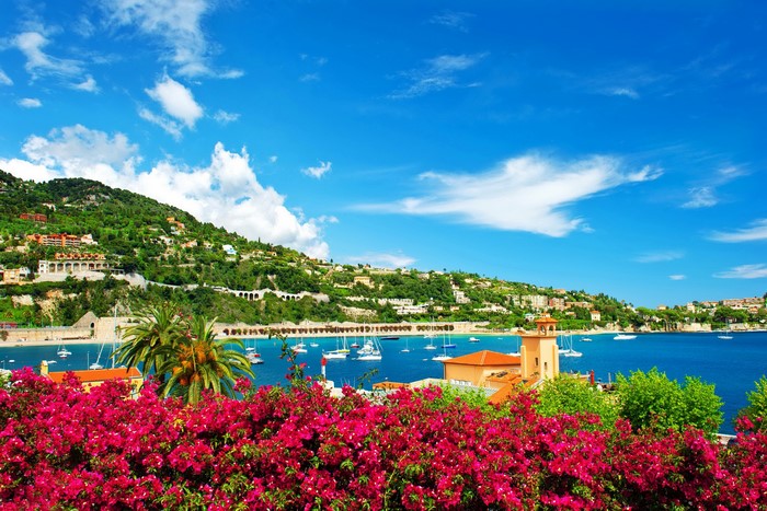 Villefranche-sur-Mer, France, with boats and flowers