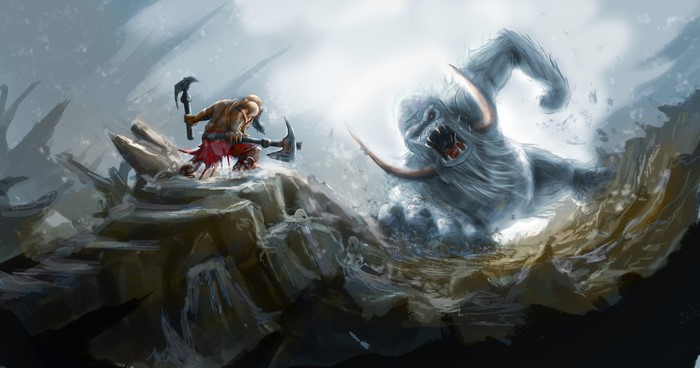 Warrior battles a large monster with axes