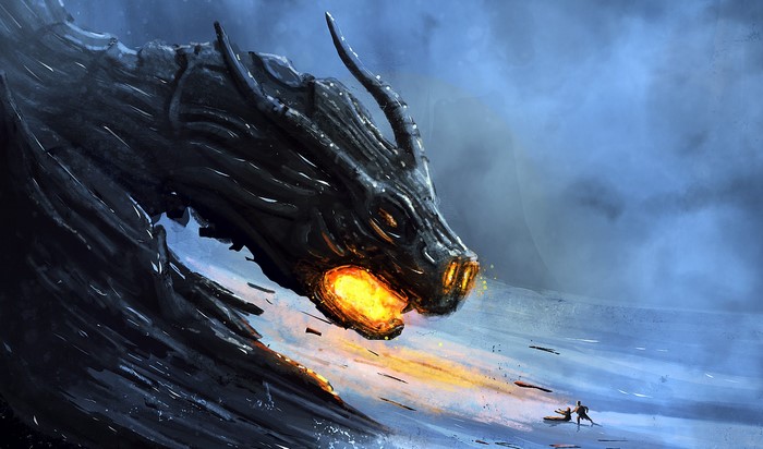 A black dragon breathes fire on two people