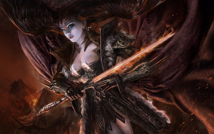 Warrior woman with flaming swords and dark armor