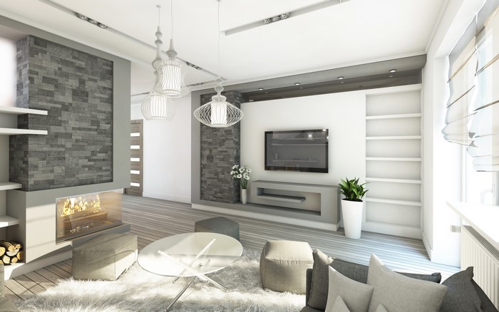 Modern living room with fireplace and TV