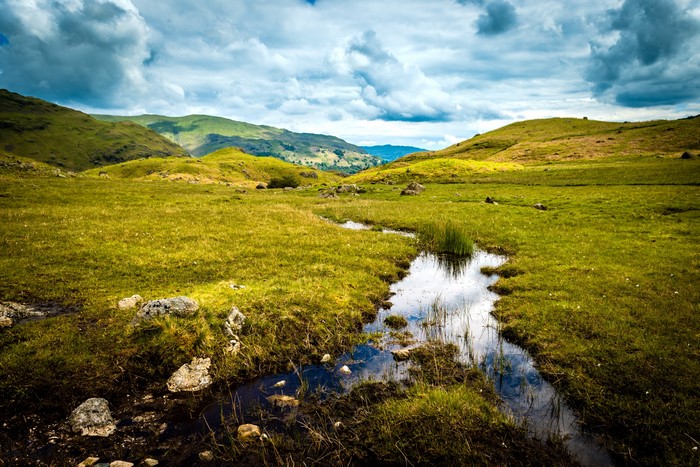 Grassy hills and a stream in Easedale, England