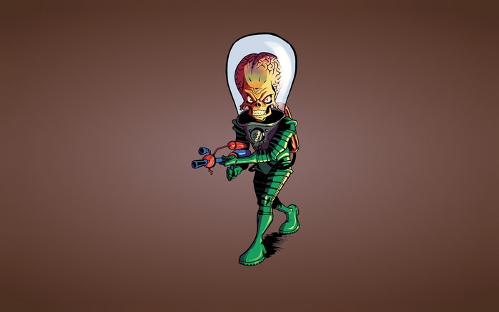 Martian from Mars Attacks! holding a ray gun