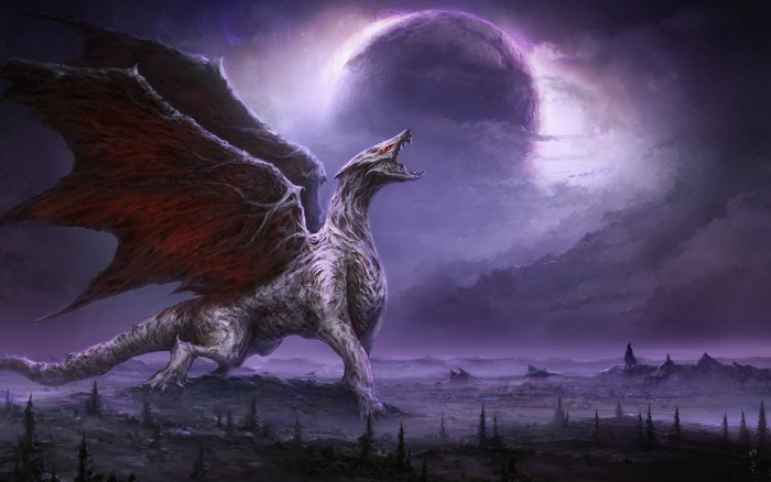 Dragon roaring under a purple eclipse