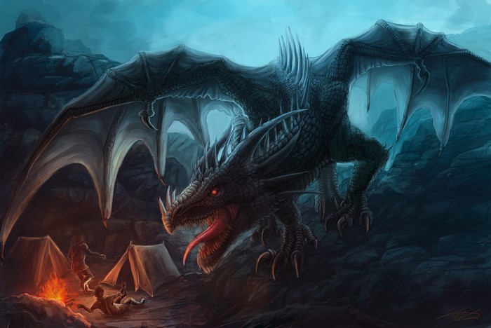 Dragon attacking campers in a cave