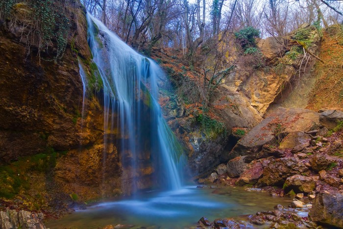 Waterfall in Autumn Forest, Crimea, Russia