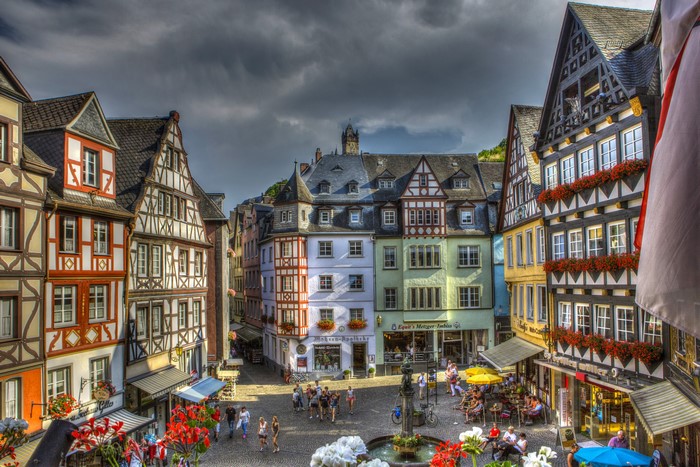 Half-timbered houses in a European town square