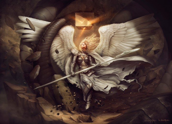 Angel warrior with spear and wings