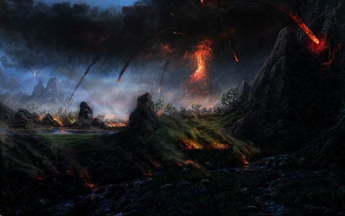 Volcanic eruption with meteors falling on a fantasy landscape