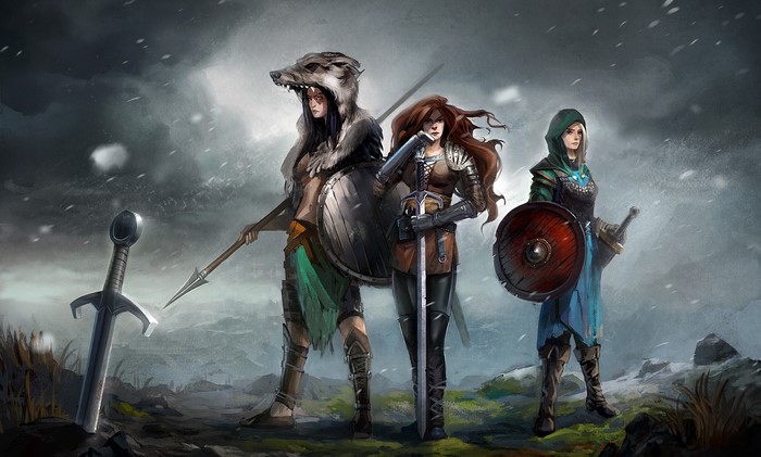 Three female warriors with swords and shields in a snowy landscape