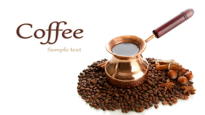 Coffee beans, cezve, hazelnuts, cinnamon sticks, and star anise