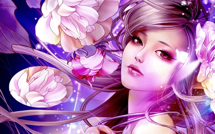 Girl with flowers and purple background