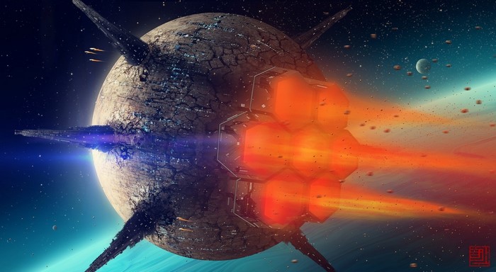 Massive spaceship with glowing engines in space