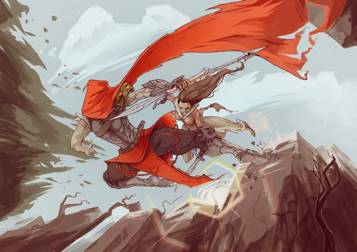 Two warriors in red cloaks fighting with swords
