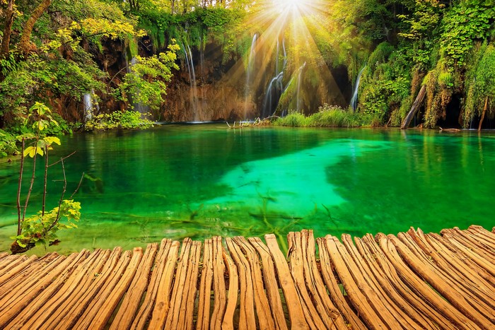 4K Plitvice Lakes Waterfalls with Sun Rays