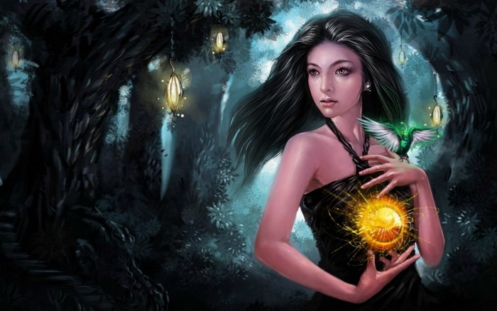 Woman holding a glowing orb with a bird on her shoulder in a forest