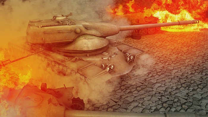 T54E1 tank in a fiery battle scene