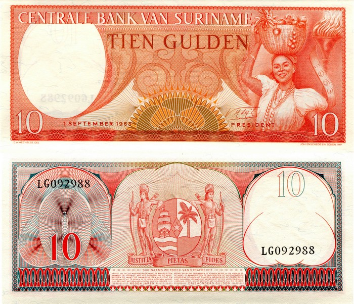 10 Guilders banknote of Suriname 1963