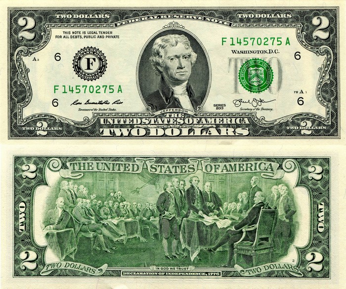 Vintage Two Dollar US Bill Close-up
