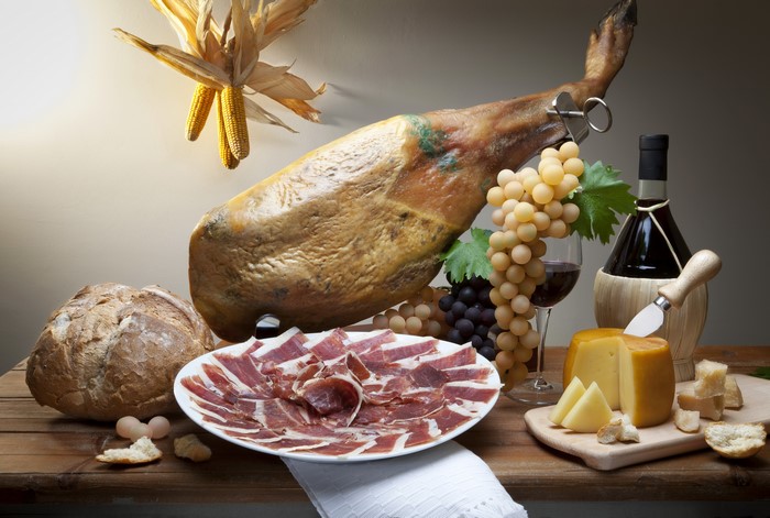 Ham, Cheese, Grapes, Bread, and Wine