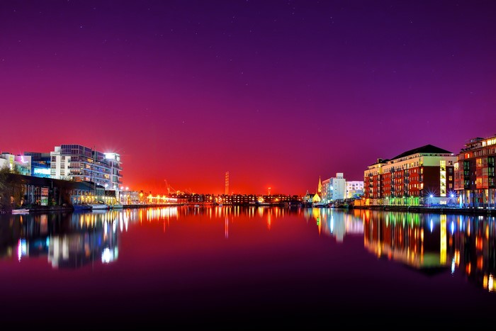 Dublin Riverfront at Night with Colorful Lights
