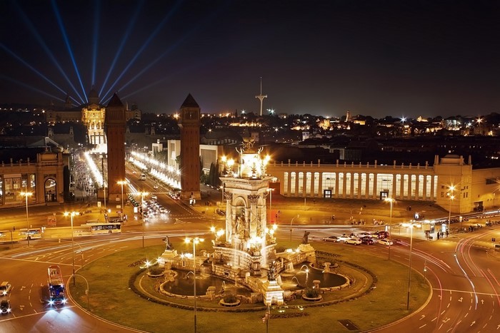 Night view of Placa d'Espanya, Barcelona, Spain
