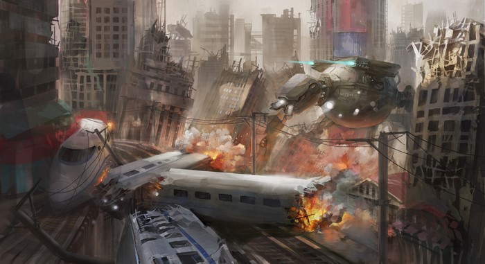Apocalypse Cityscape with Destroyed Trains and Drone