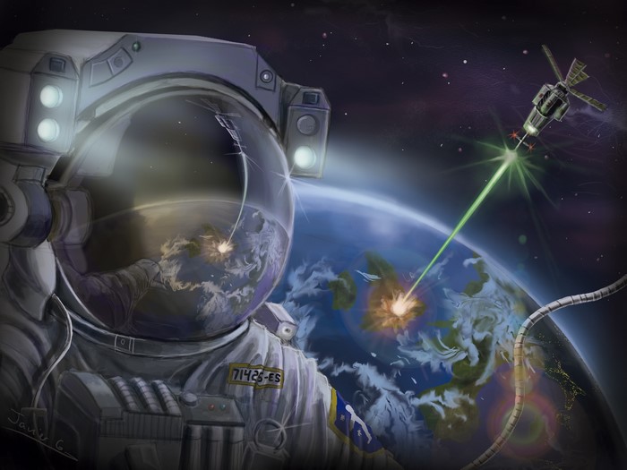 Astronaut in Space with Earth and Satellite
