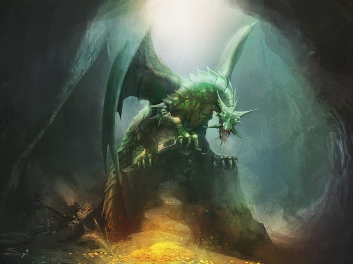Green dragon guarding treasure in a cave