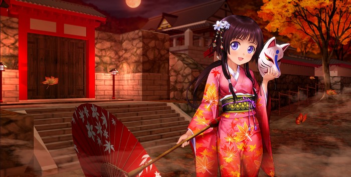 Girl in Kimono holding a Kitsune mask and umbrella