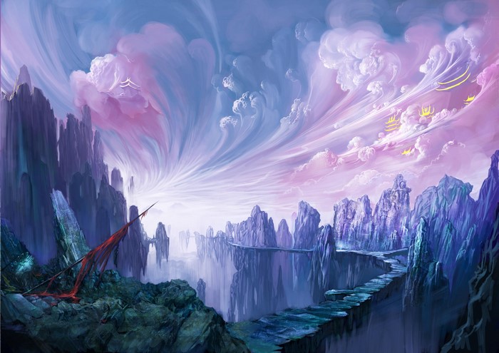 4K Fantastic world with clouds and mountains