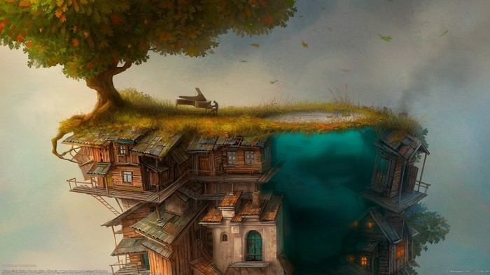 Fantastic world with a tree and houses on a floating island