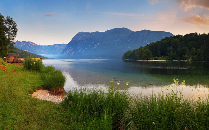 Lake Bohinj with mountains and forest