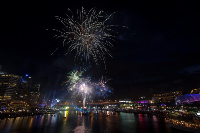 Fireworks over Sydney Harbour at night