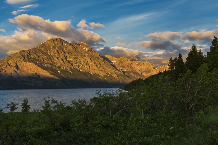 Mountains and Lake at Sunset in Glacier National Park