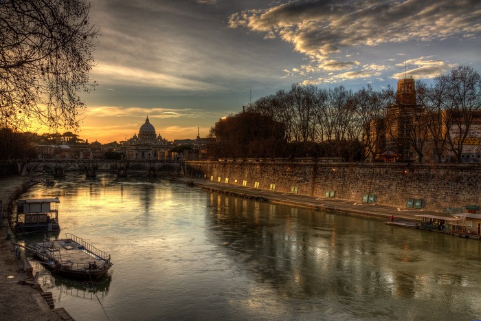 Tiber River at sunset with St. Peter's Basilica, Rome
