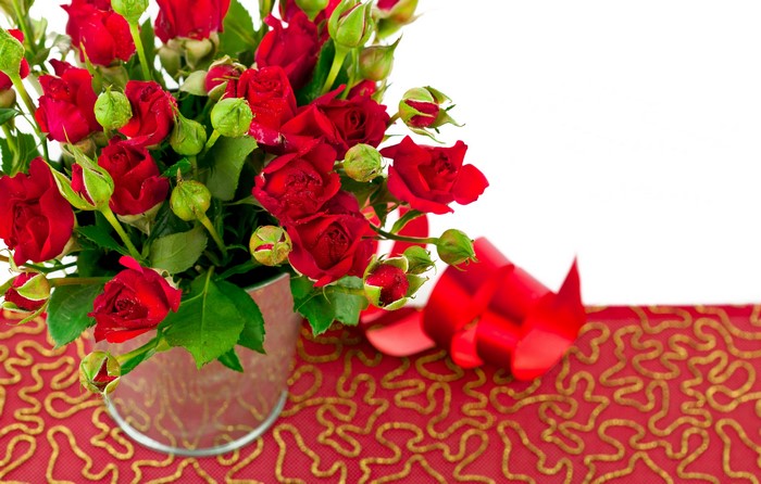 Red Roses in a Pot with Red Ribbon