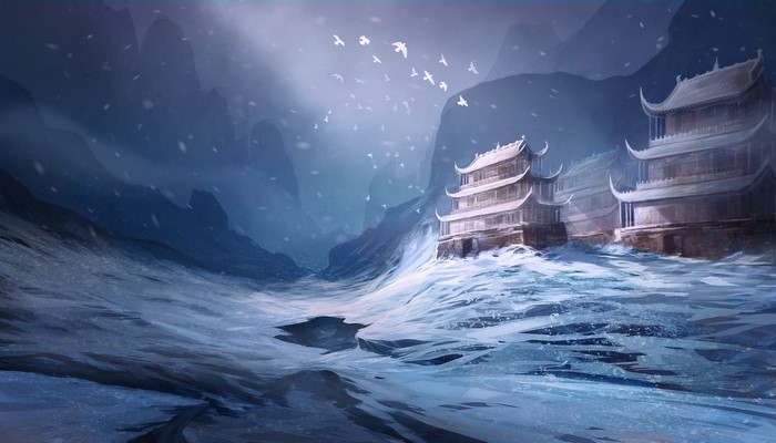 Fantastic world with snowy mountains and traditional buildings