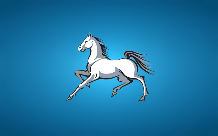 White horse running on a blue background